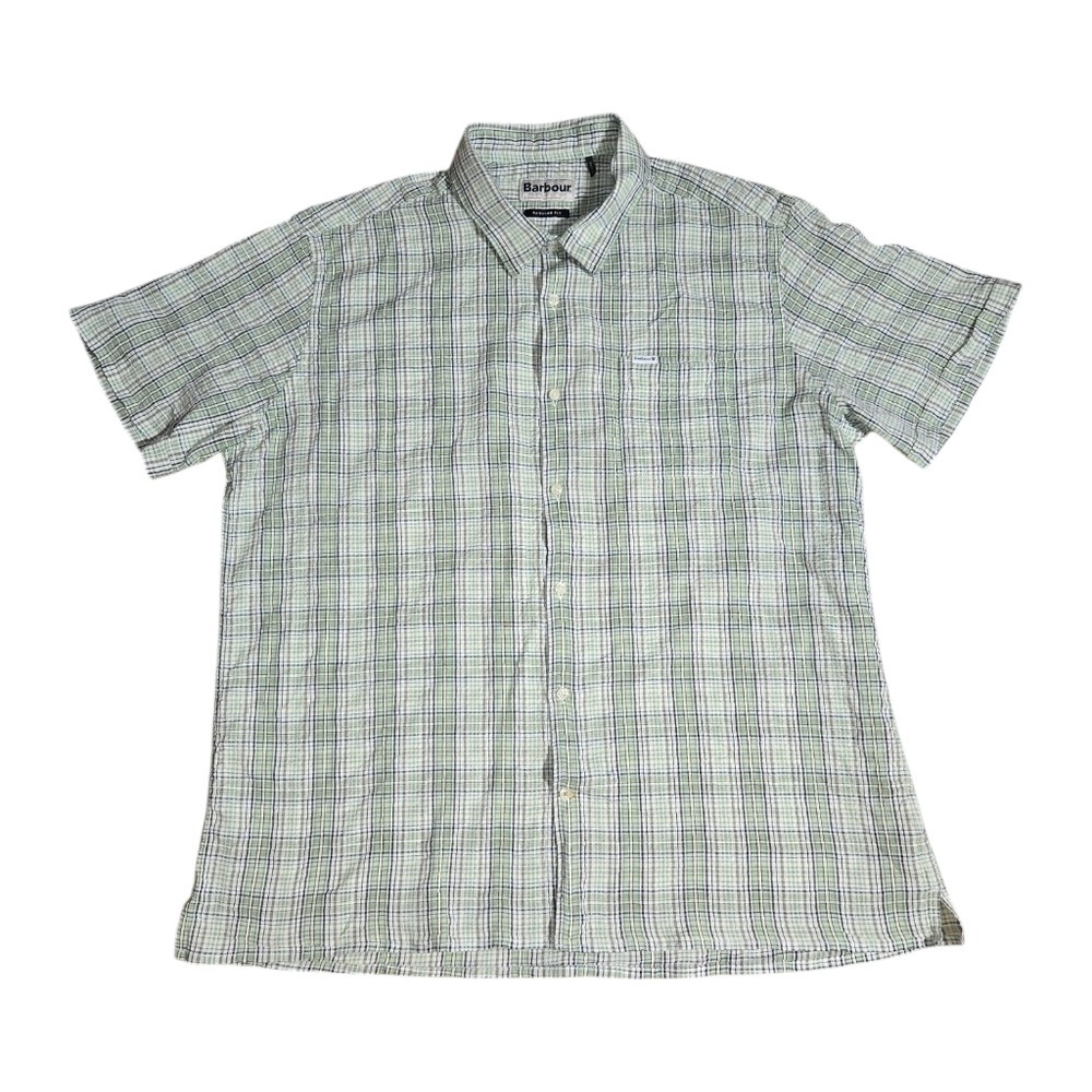 Barbour Deanhill Button‎ Front Shirt Mens XL Green Plaid Seersucker Short Sleeve